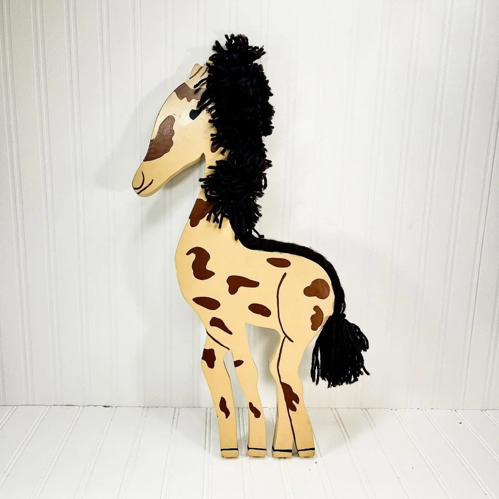 Vintage Handmade Wooden Giraffe Wall Hanging: Circus Nursery Decor